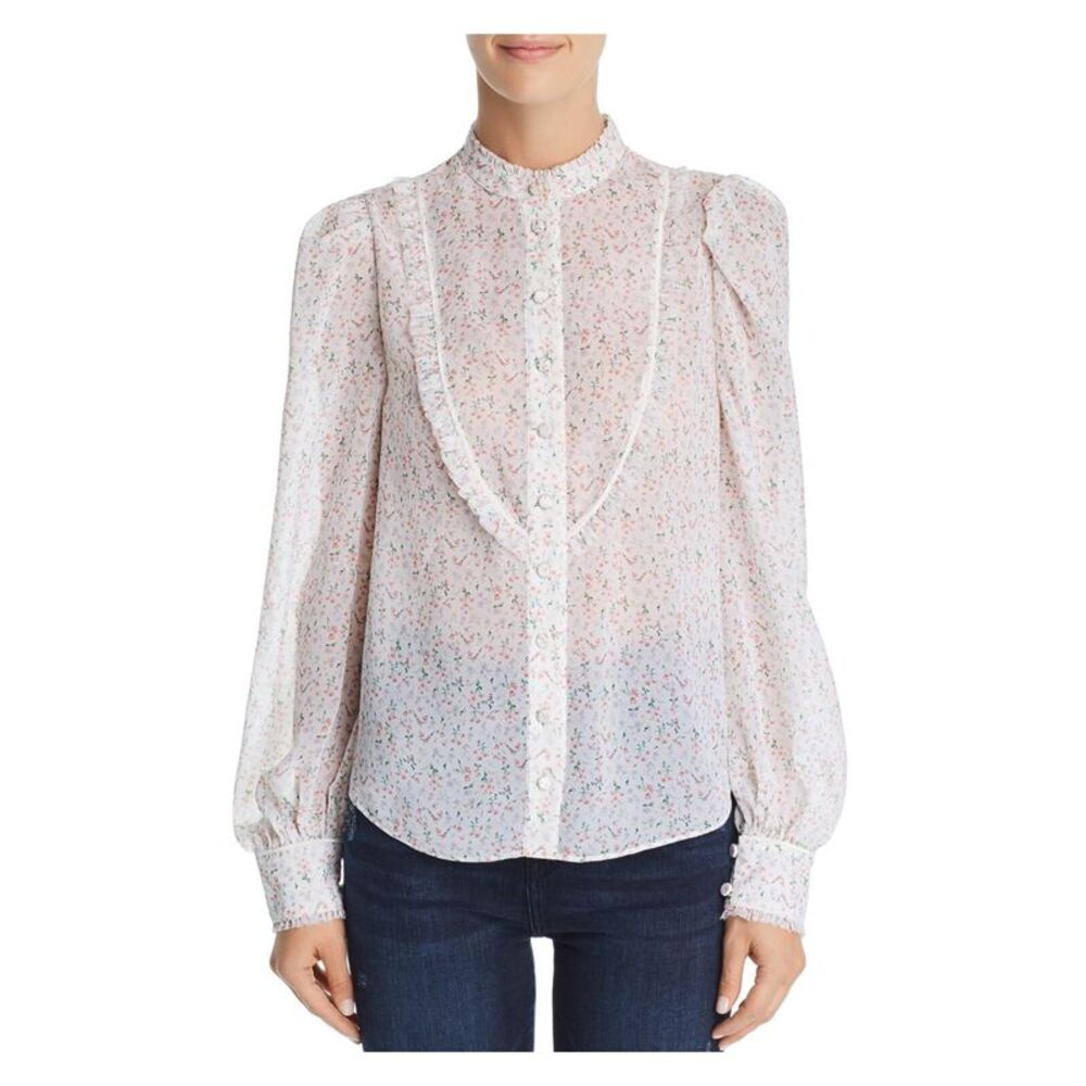 DIVINE HERITAGE Womens White Floral Long Sleeve Button Up Top Size: XS - Picture 1 of 2